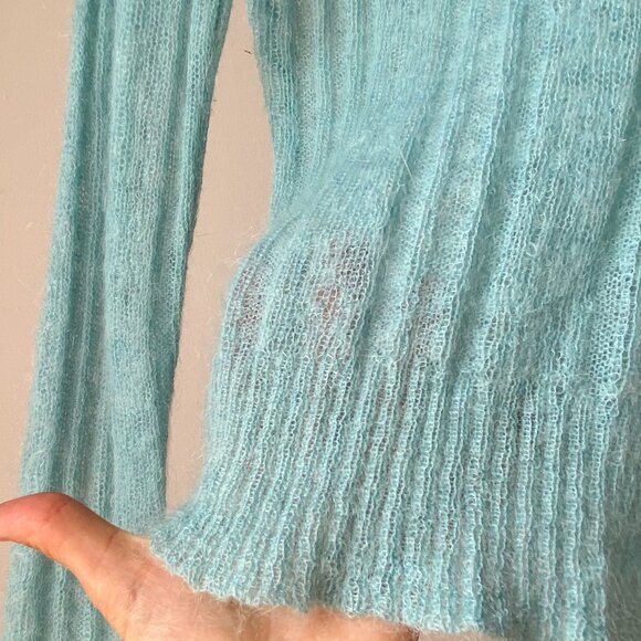 ❄️ Turquoise Blue Mohair Blend Thin Second Skin See Through Long Sleeve Sweater - Picture 6 of 7